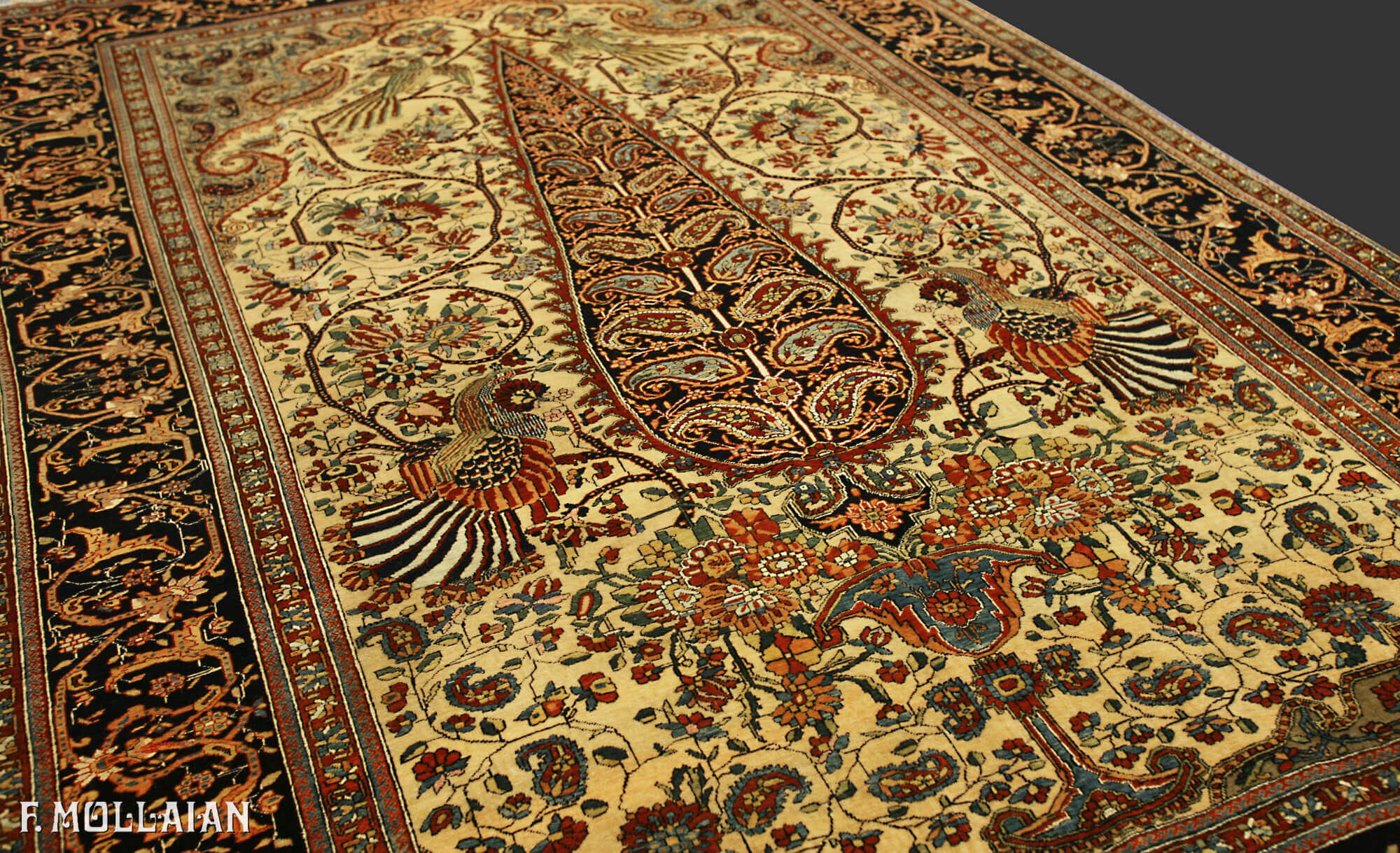 Signed Kashan Mohtasham Antique persian prayer field  Rug with symmetey Peacock and tree motifs n°:74674673